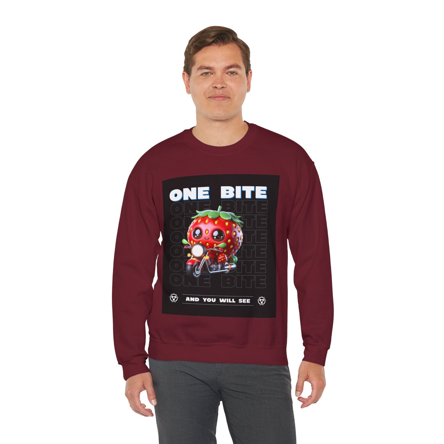 Cute Strawberry Graphic Crewneck Sweatshirt - "One Bite"