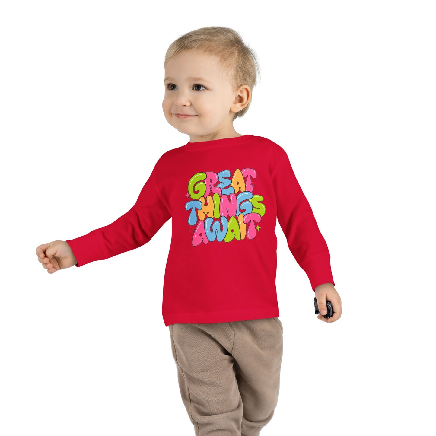 Toddler Long Sleeve Tee - 'Great Things Await' - Colorful Playful Shirt for Kids