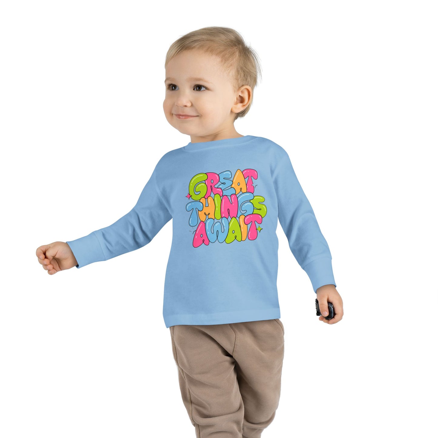 Toddler Long Sleeve Tee - 'Great Things Await' - Colorful Playful Shirt for Kids