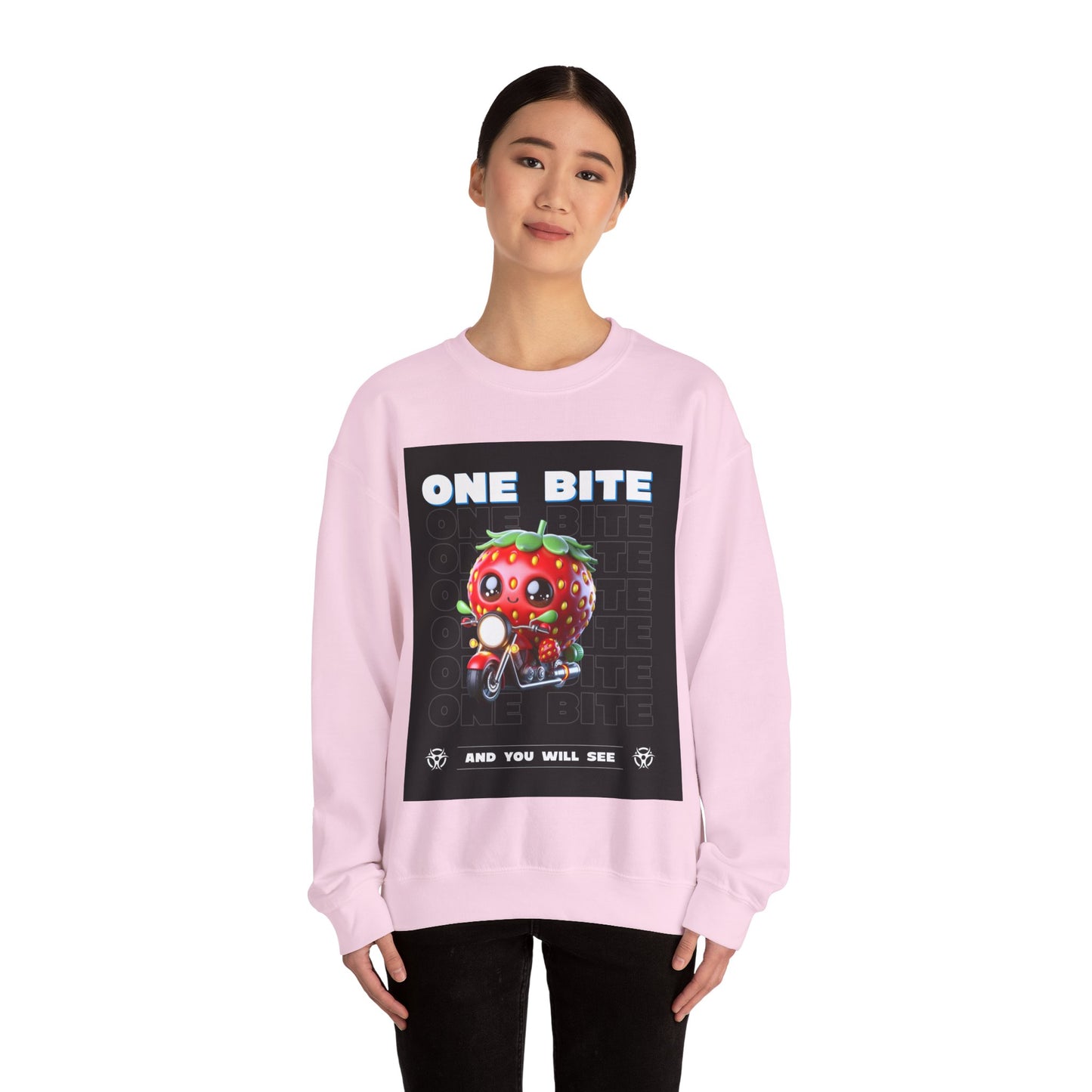 Cute Strawberry Graphic Crewneck Sweatshirt - "One Bite"