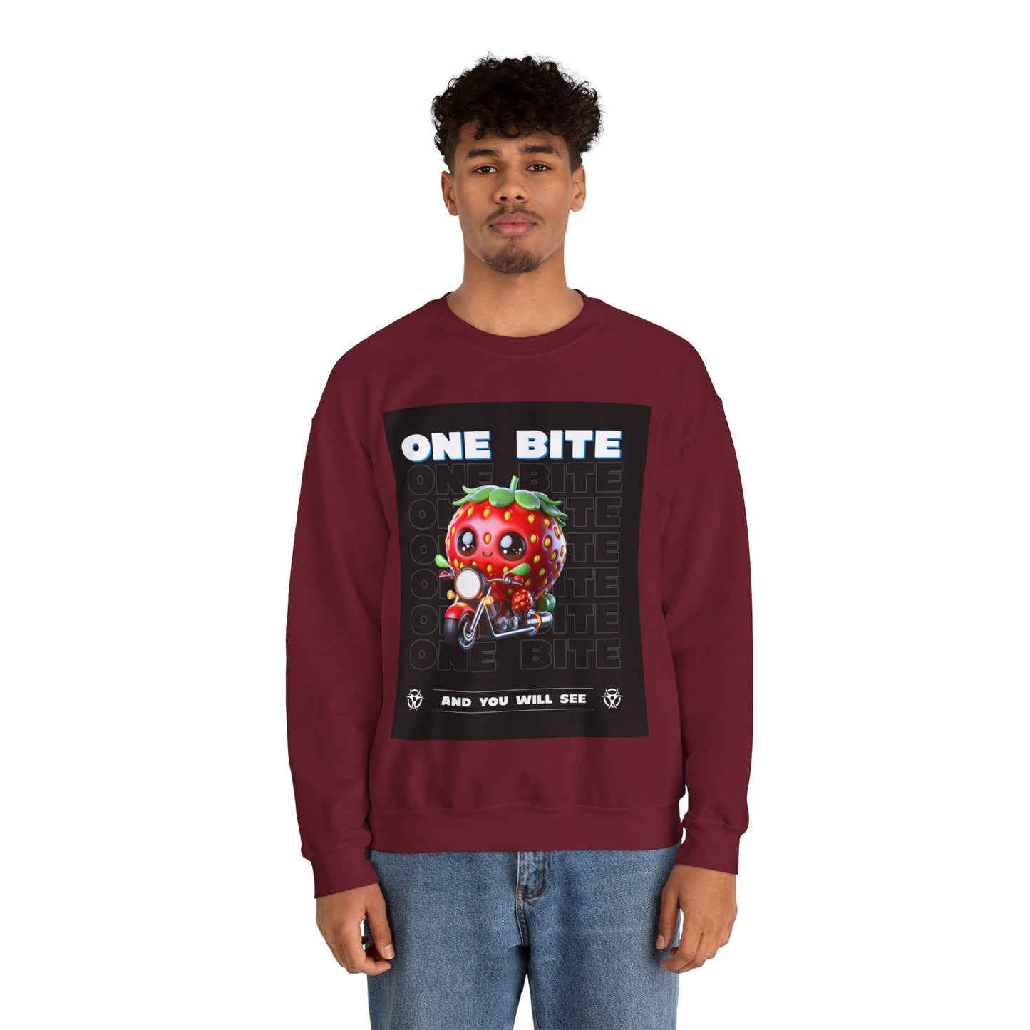Cute Strawberry Graphic Crewneck Sweatshirt - "One Bite"