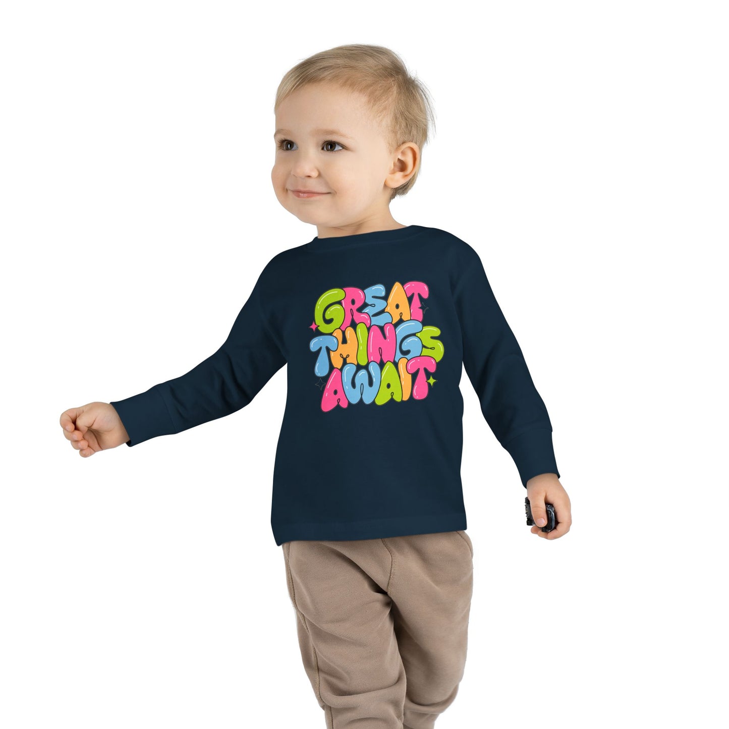 Toddler Long Sleeve Tee - 'Great Things Await' - Colorful Playful Shirt for Kids