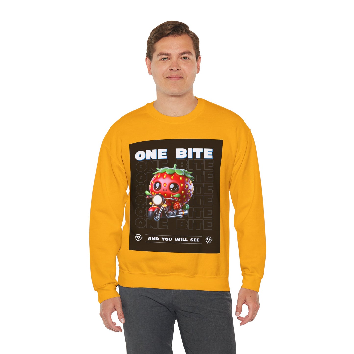 Cute Strawberry Graphic Crewneck Sweatshirt - "One Bite"