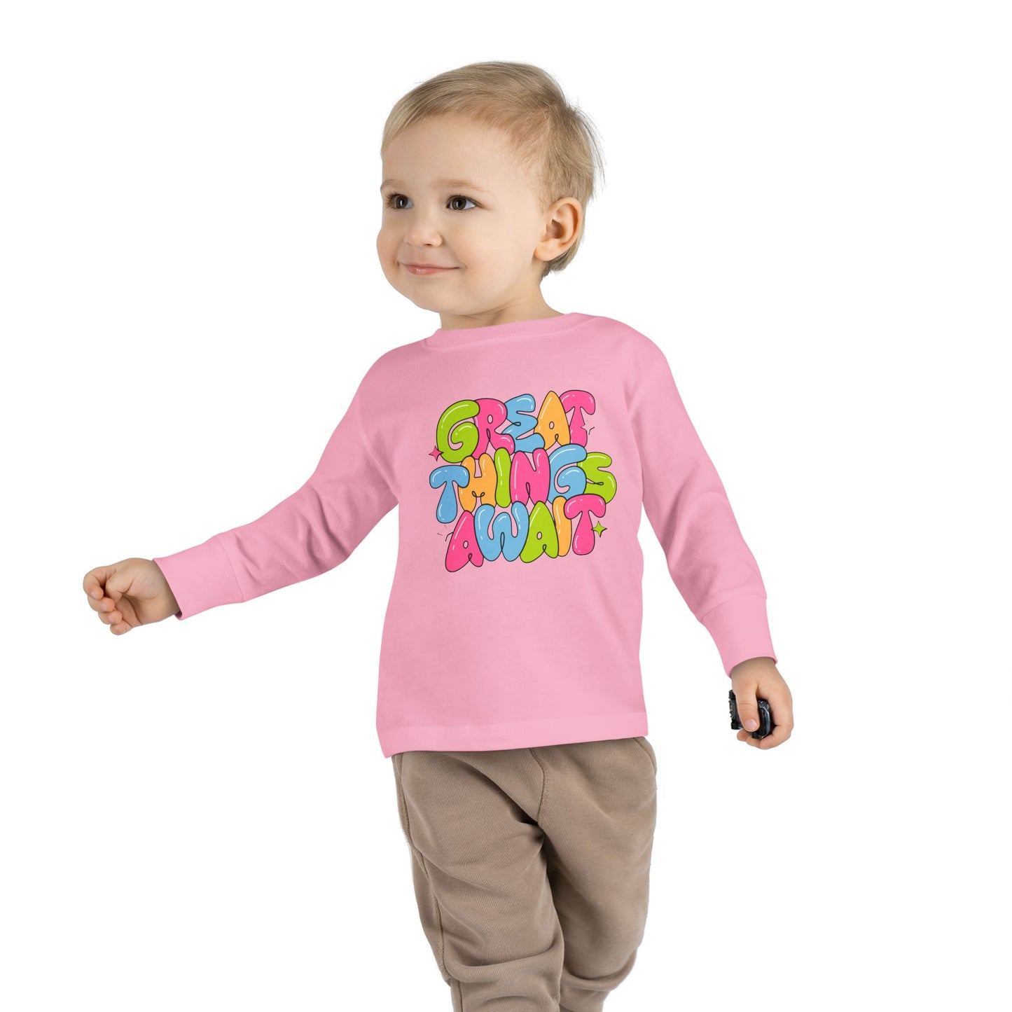 Toddler Long Sleeve Tee - 'Great Things Await' - Colorful Playful Shirt for Kids