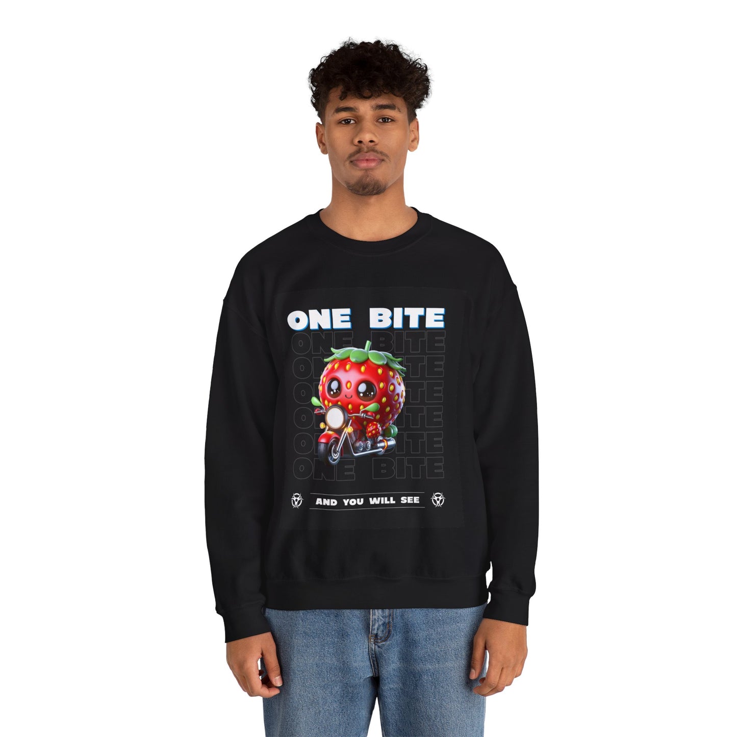 Cute Strawberry Graphic Crewneck Sweatshirt - "One Bite"