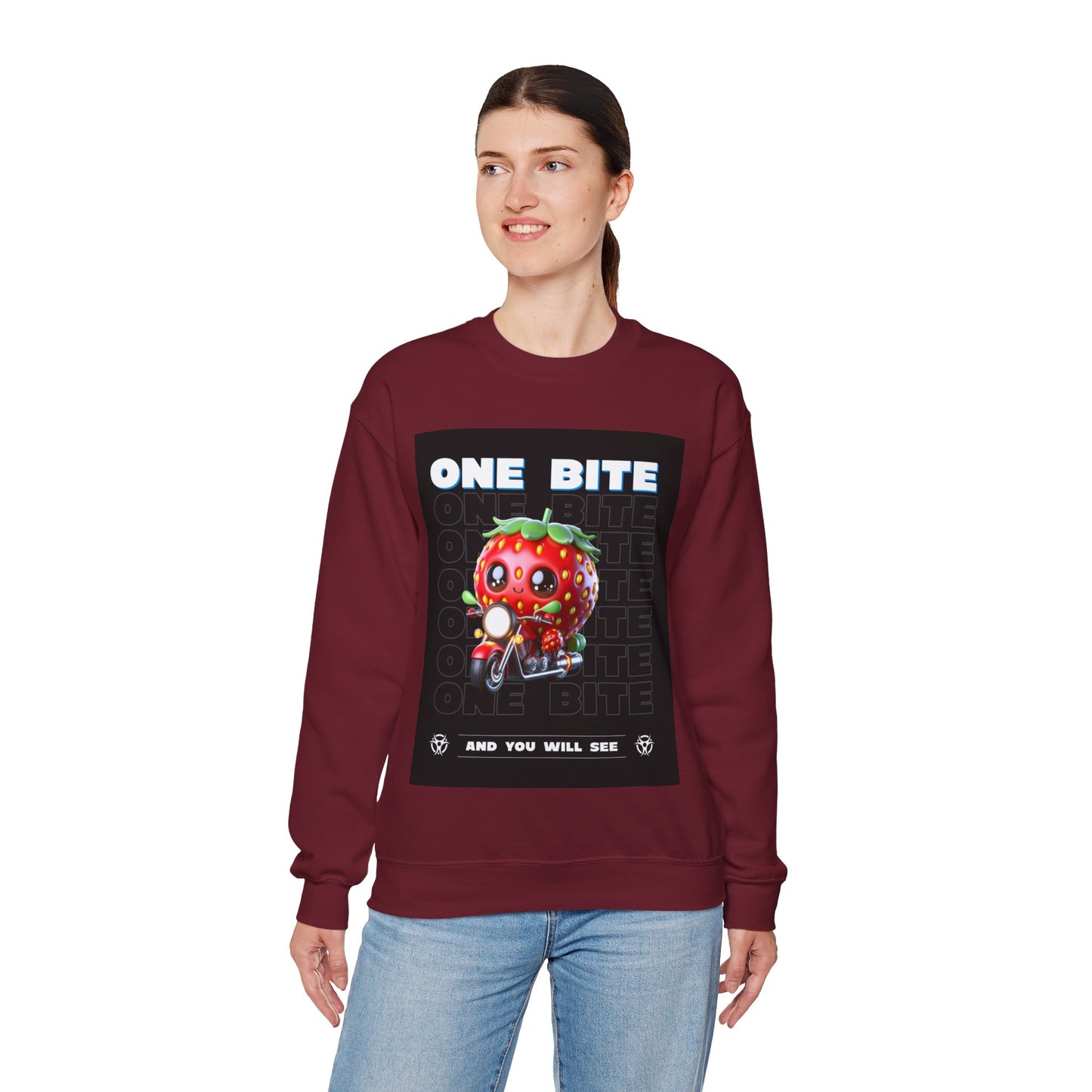 Cute Strawberry Graphic Crewneck Sweatshirt - "One Bite"