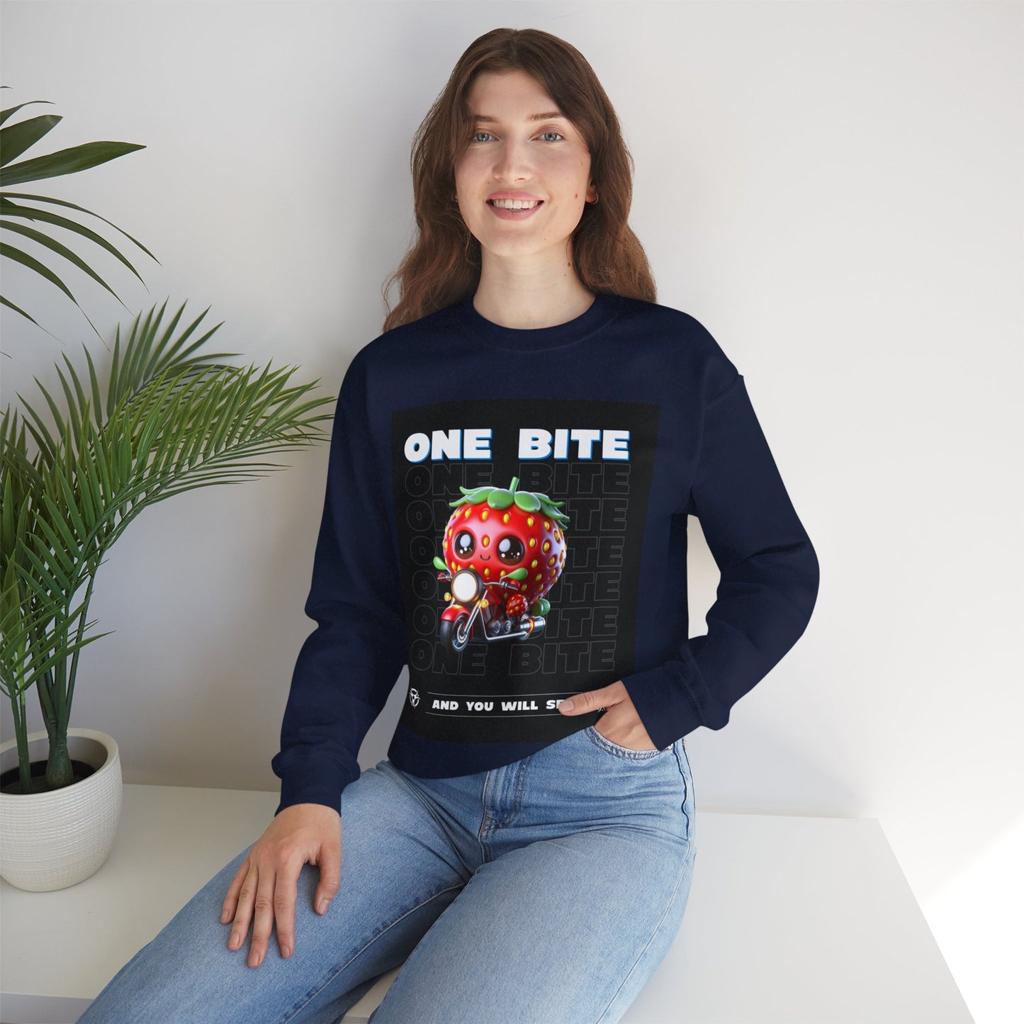 Cute Strawberry Graphic Crewneck Sweatshirt - "One Bite"