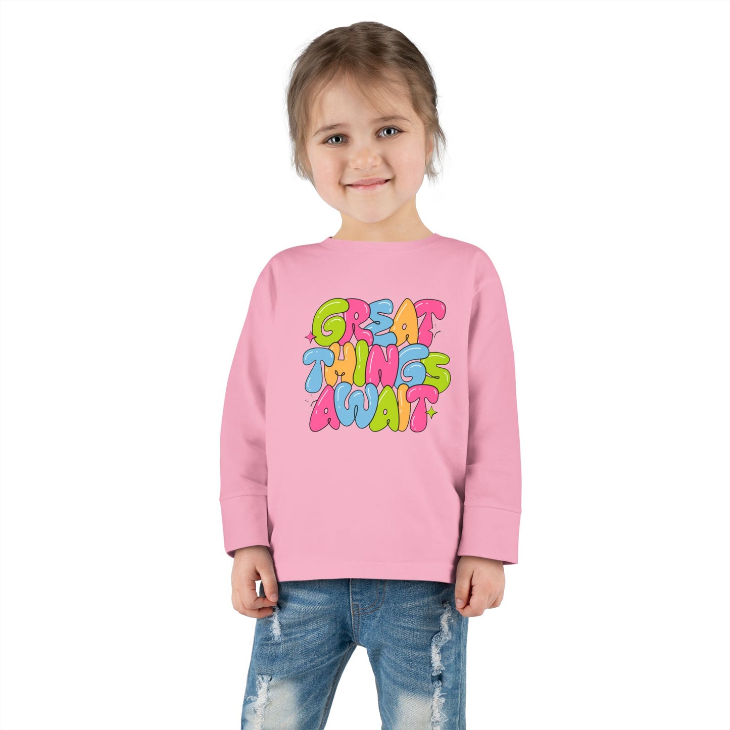 Toddler Long Sleeve Tee - 'Great Things Await' - Colorful Playful Shirt for Kids