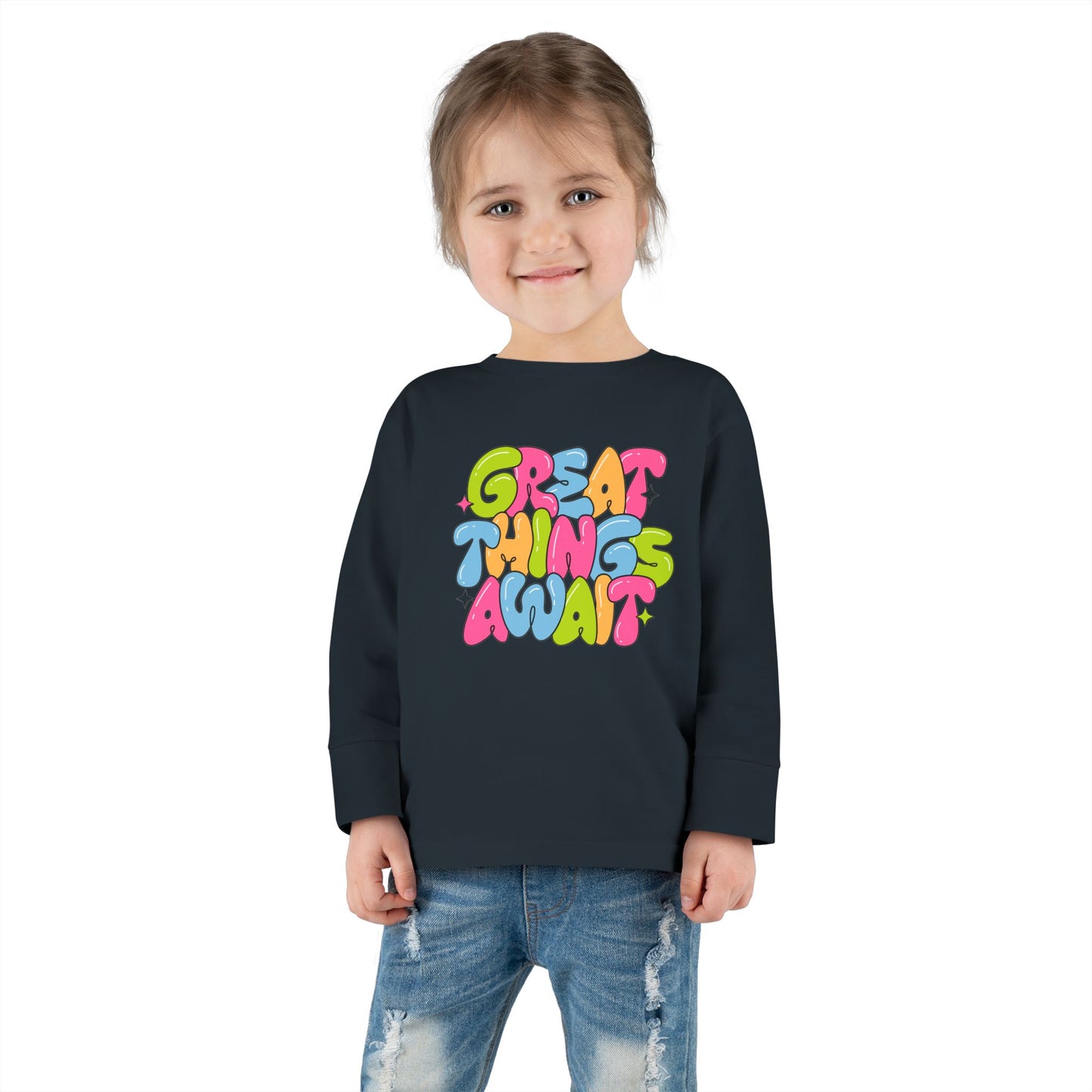Toddler Long Sleeve Tee - 'Great Things Await' - Colorful Playful Shirt for Kids