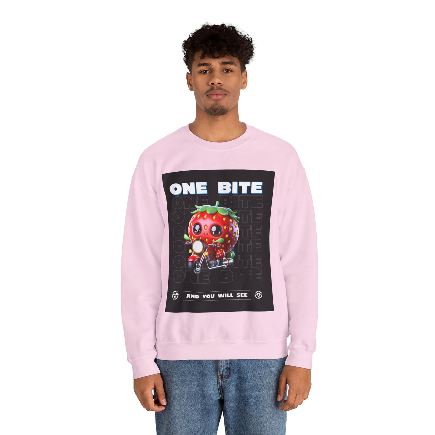 Cute Strawberry Graphic Crewneck Sweatshirt - "One Bite"