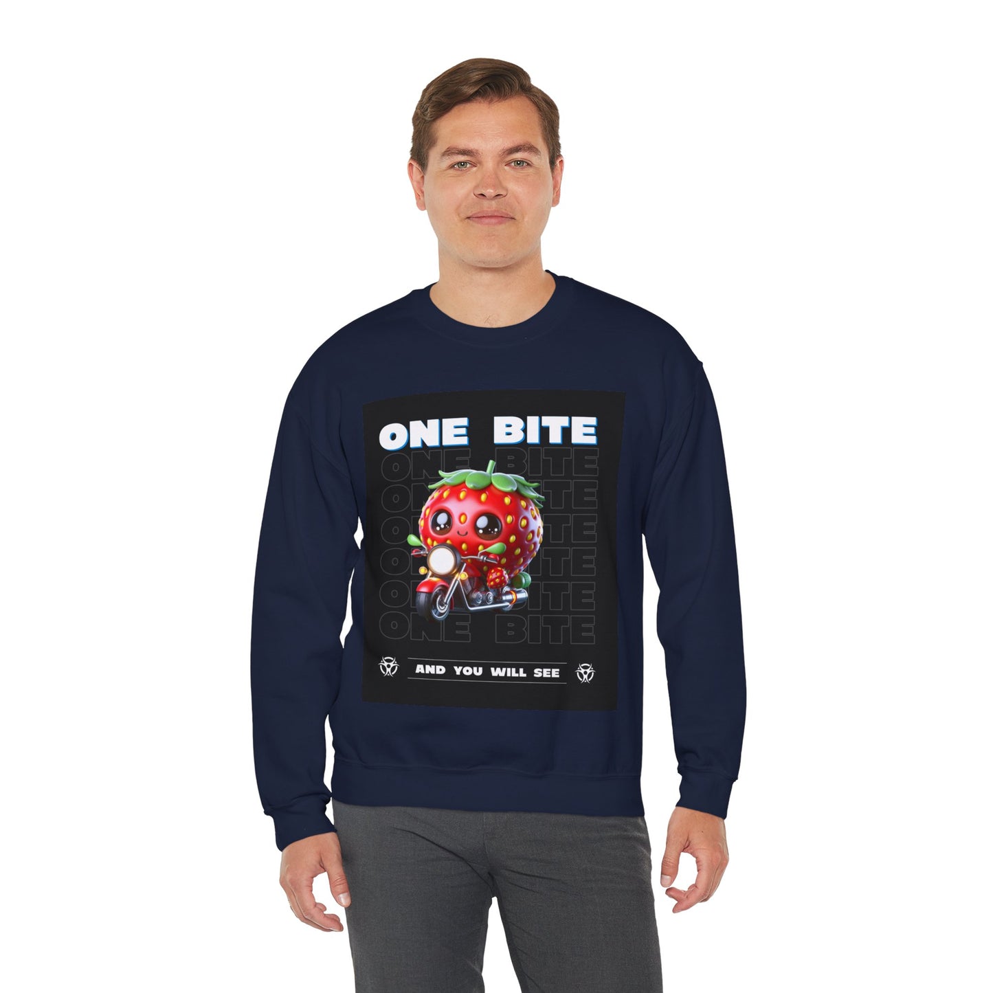 Cute Strawberry Graphic Crewneck Sweatshirt - "One Bite"