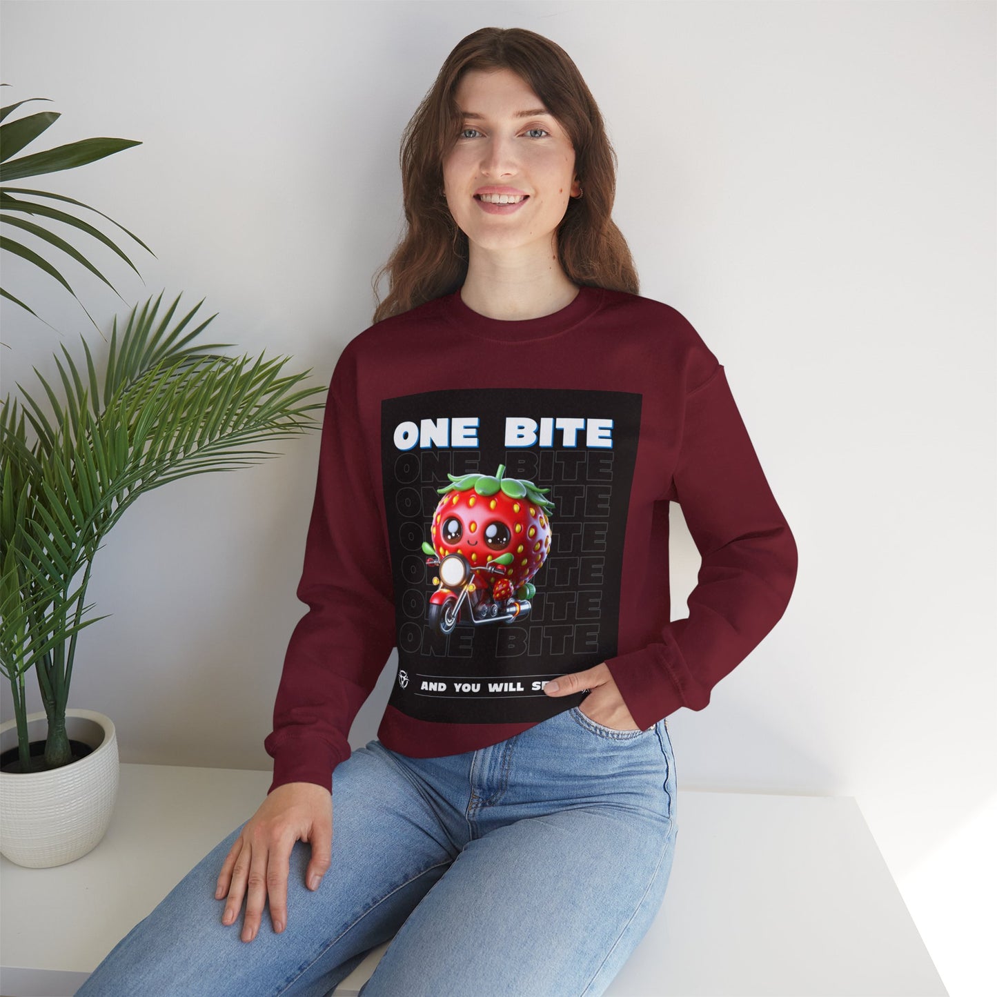 Cute Strawberry Graphic Crewneck Sweatshirt - "One Bite"