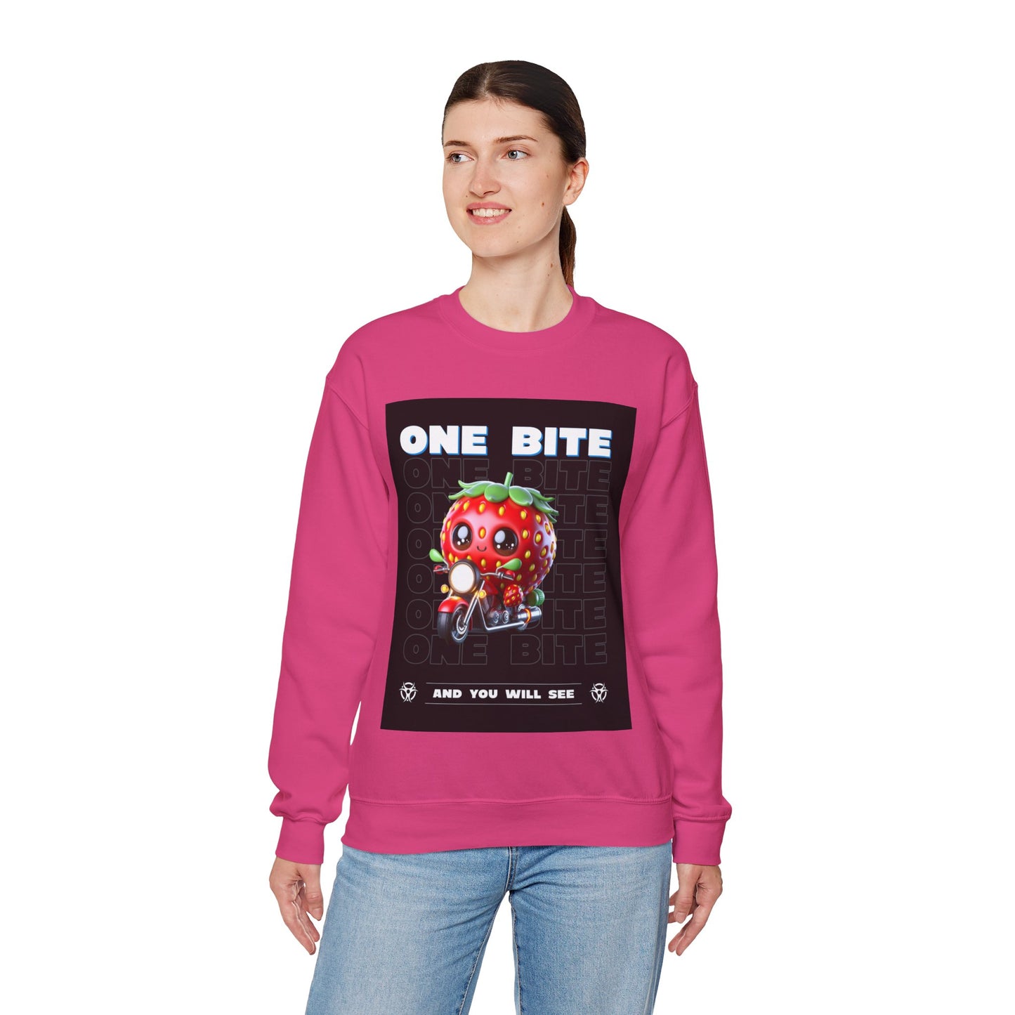 Cute Strawberry Graphic Crewneck Sweatshirt - "One Bite"