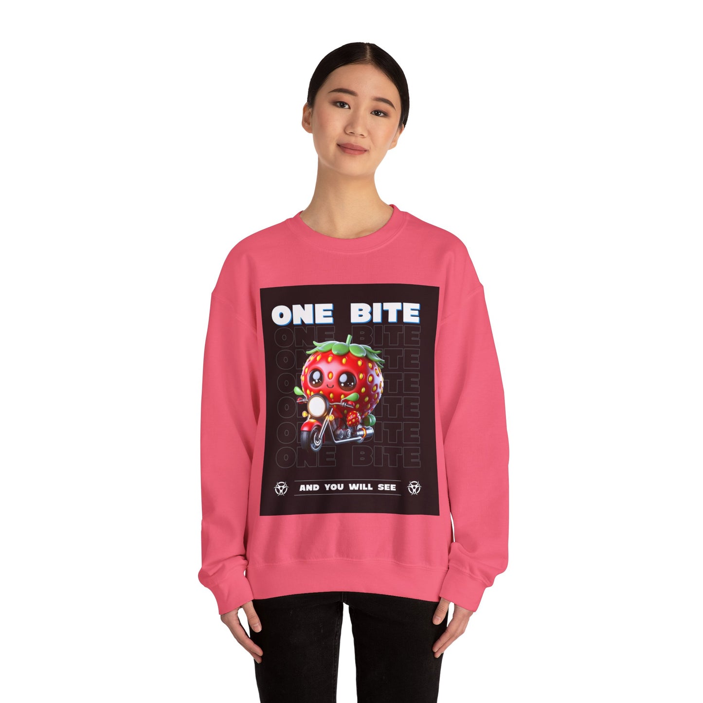 Cute Strawberry Graphic Crewneck Sweatshirt - "One Bite"