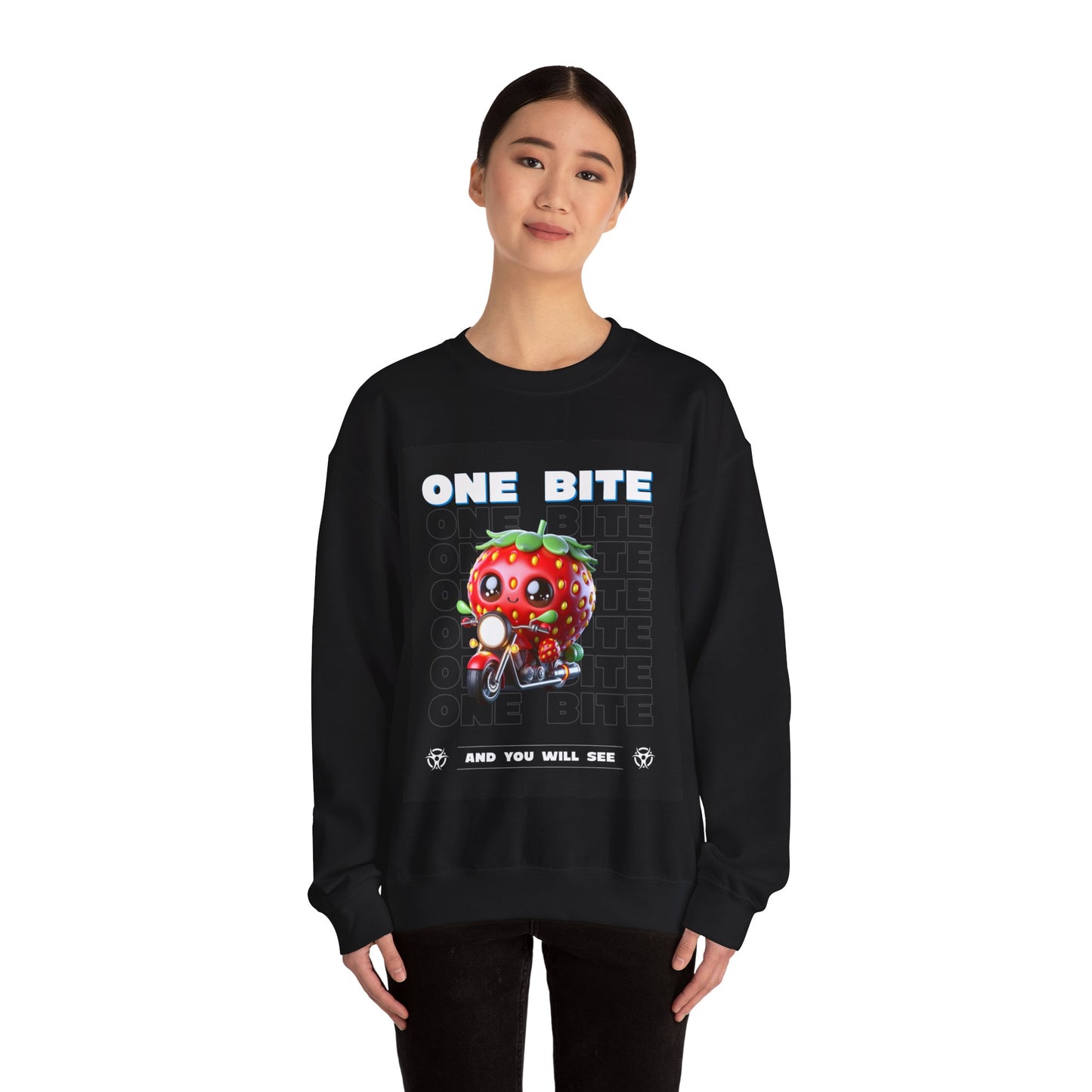 Cute Strawberry Graphic Crewneck Sweatshirt - "One Bite"