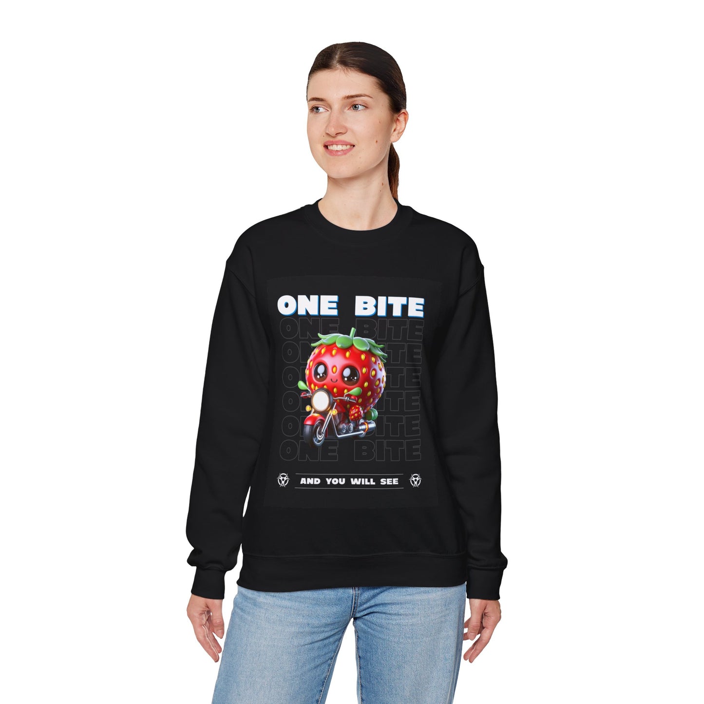 Cute Strawberry Graphic Crewneck Sweatshirt - "One Bite"