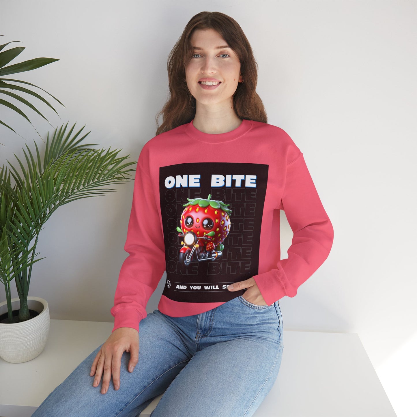 Cute Strawberry Graphic Crewneck Sweatshirt - "One Bite"