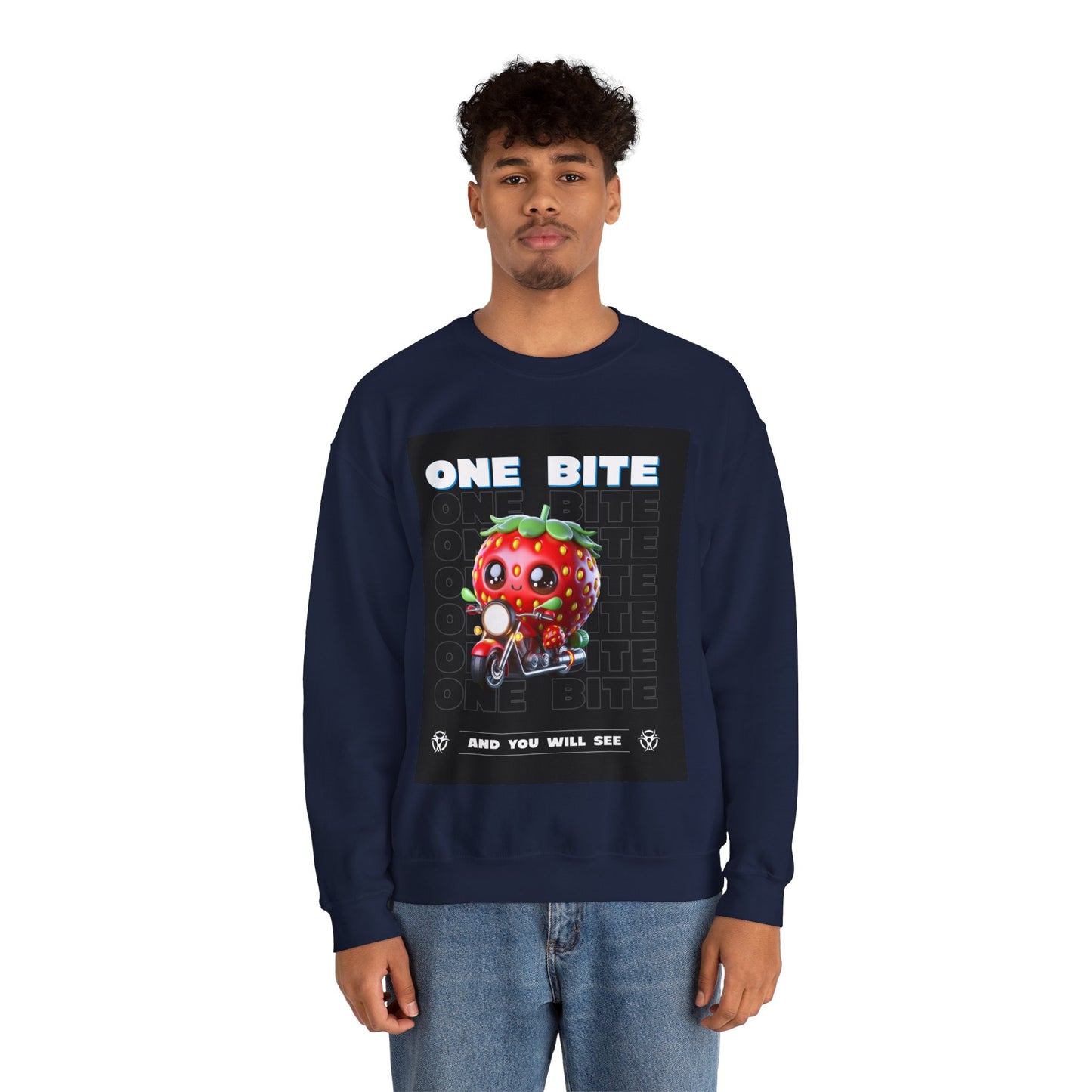 Cute Strawberry Graphic Crewneck Sweatshirt - "One Bite"
