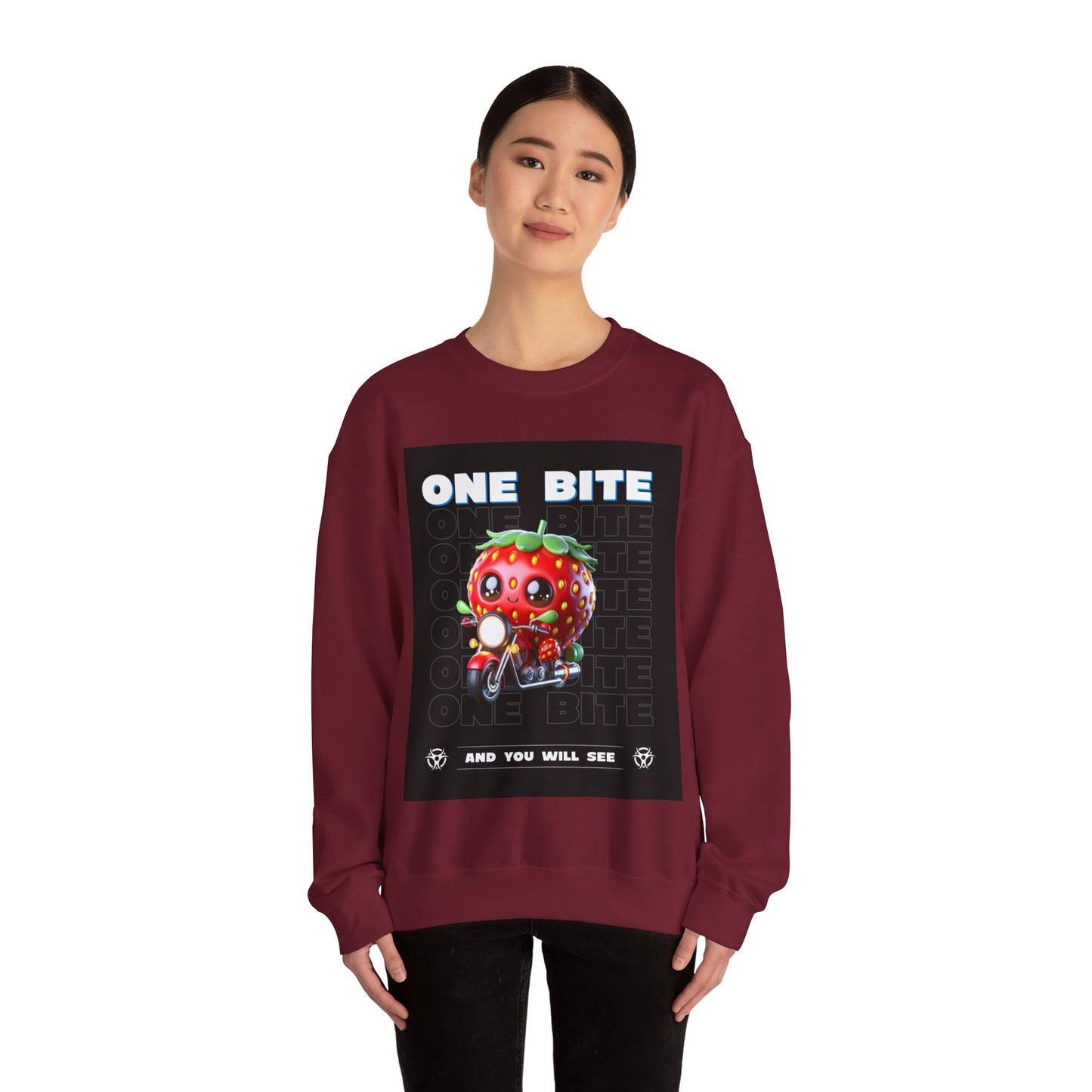 Cute Strawberry Graphic Crewneck Sweatshirt - "One Bite"