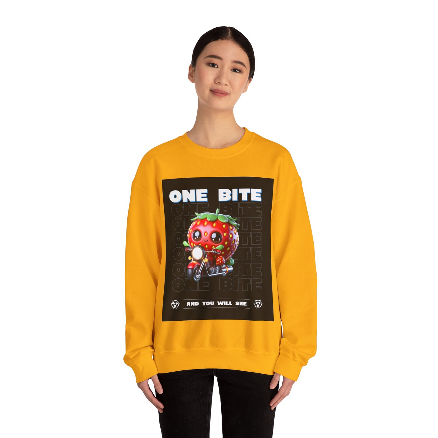 Cute Strawberry Graphic Crewneck Sweatshirt - "One Bite"