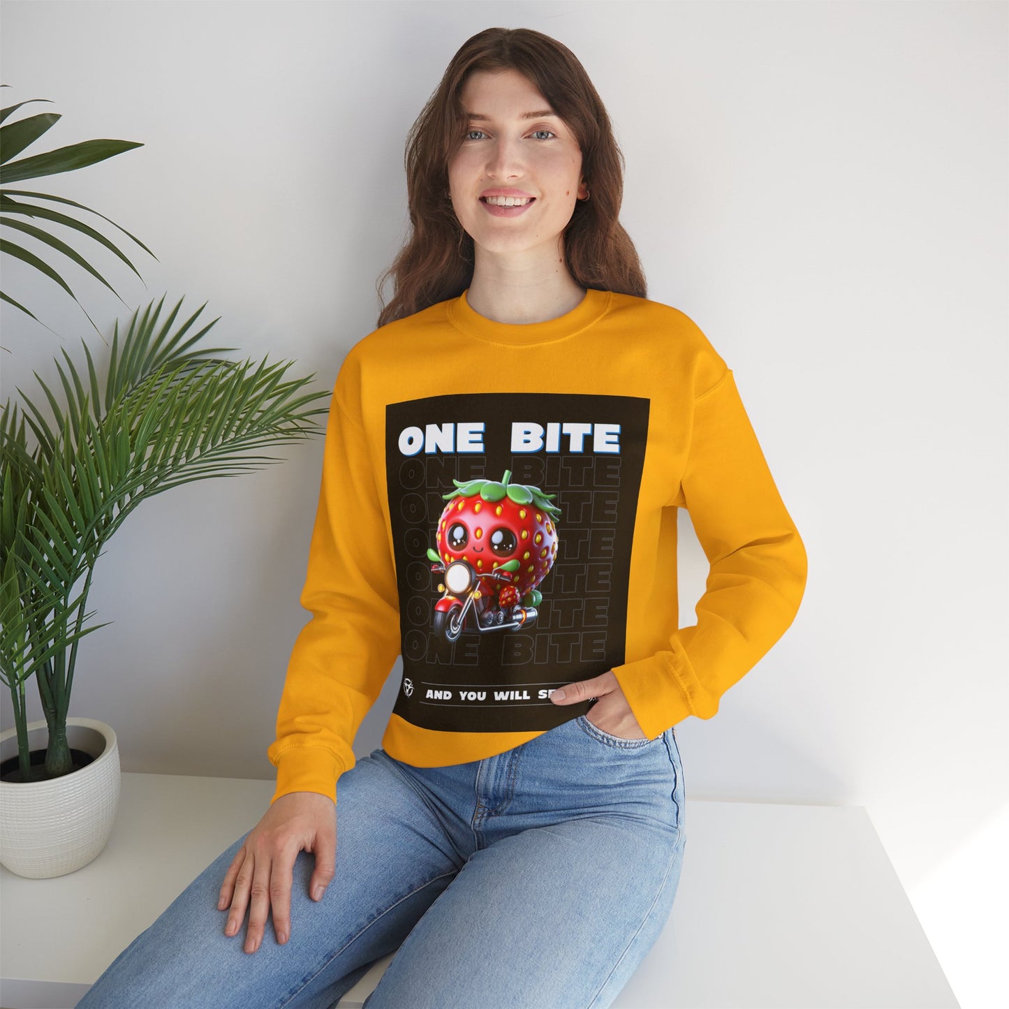 Cute Strawberry Graphic Crewneck Sweatshirt - "One Bite"