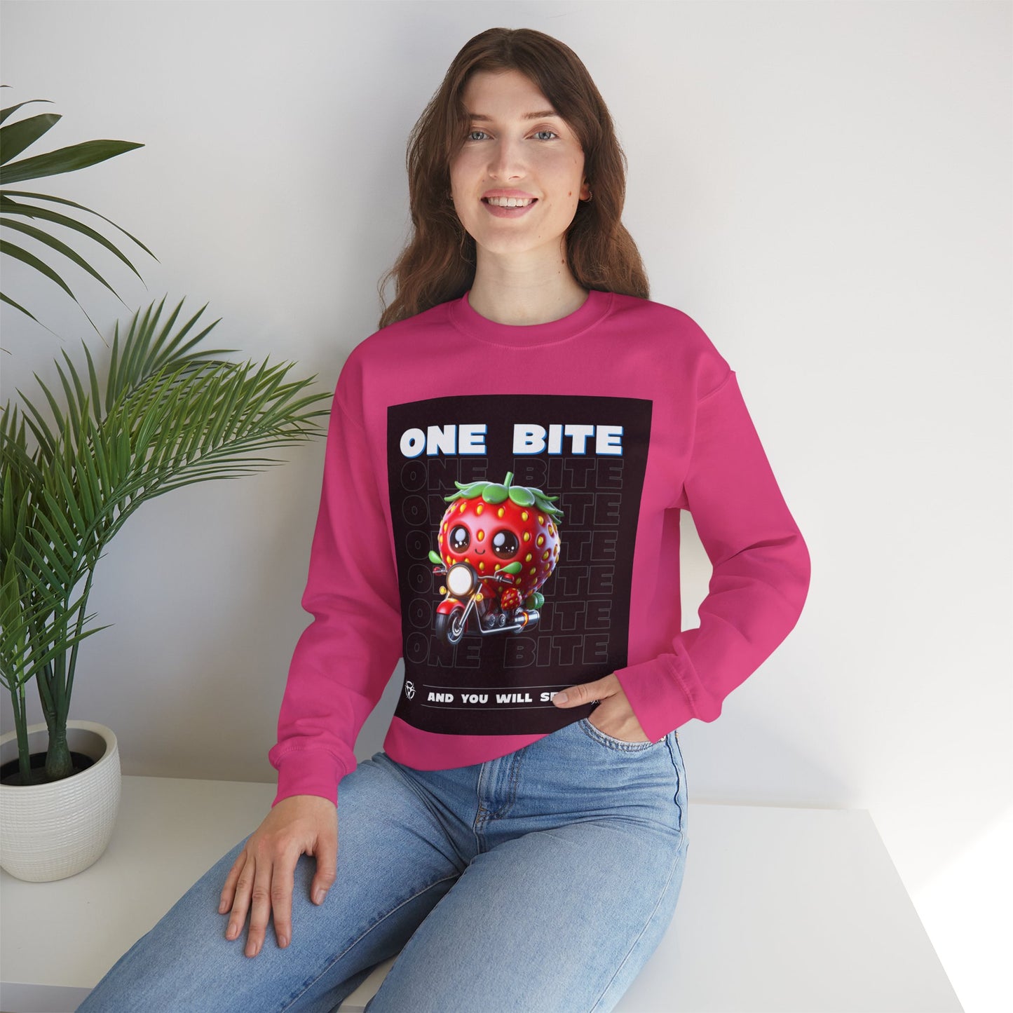 Cute Strawberry Graphic Crewneck Sweatshirt - "One Bite"