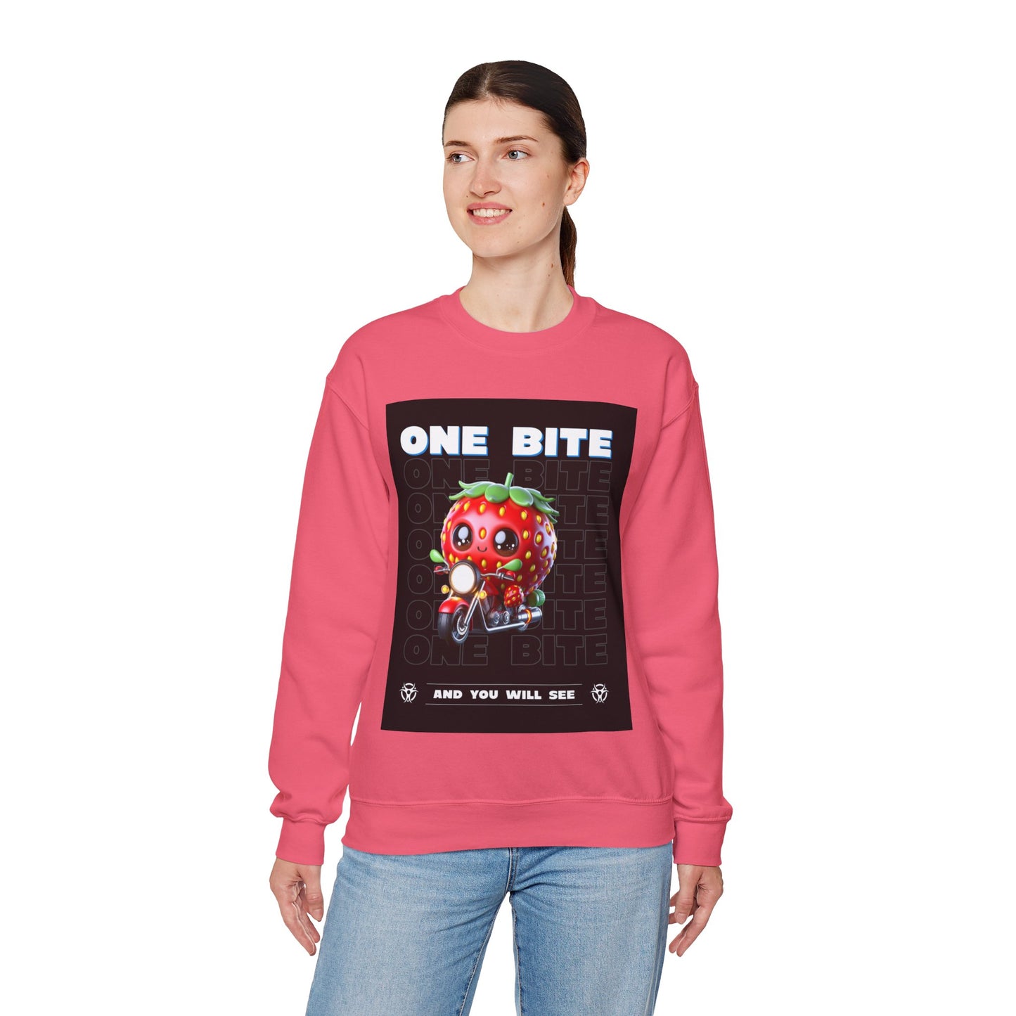 Cute Strawberry Graphic Crewneck Sweatshirt - "One Bite"