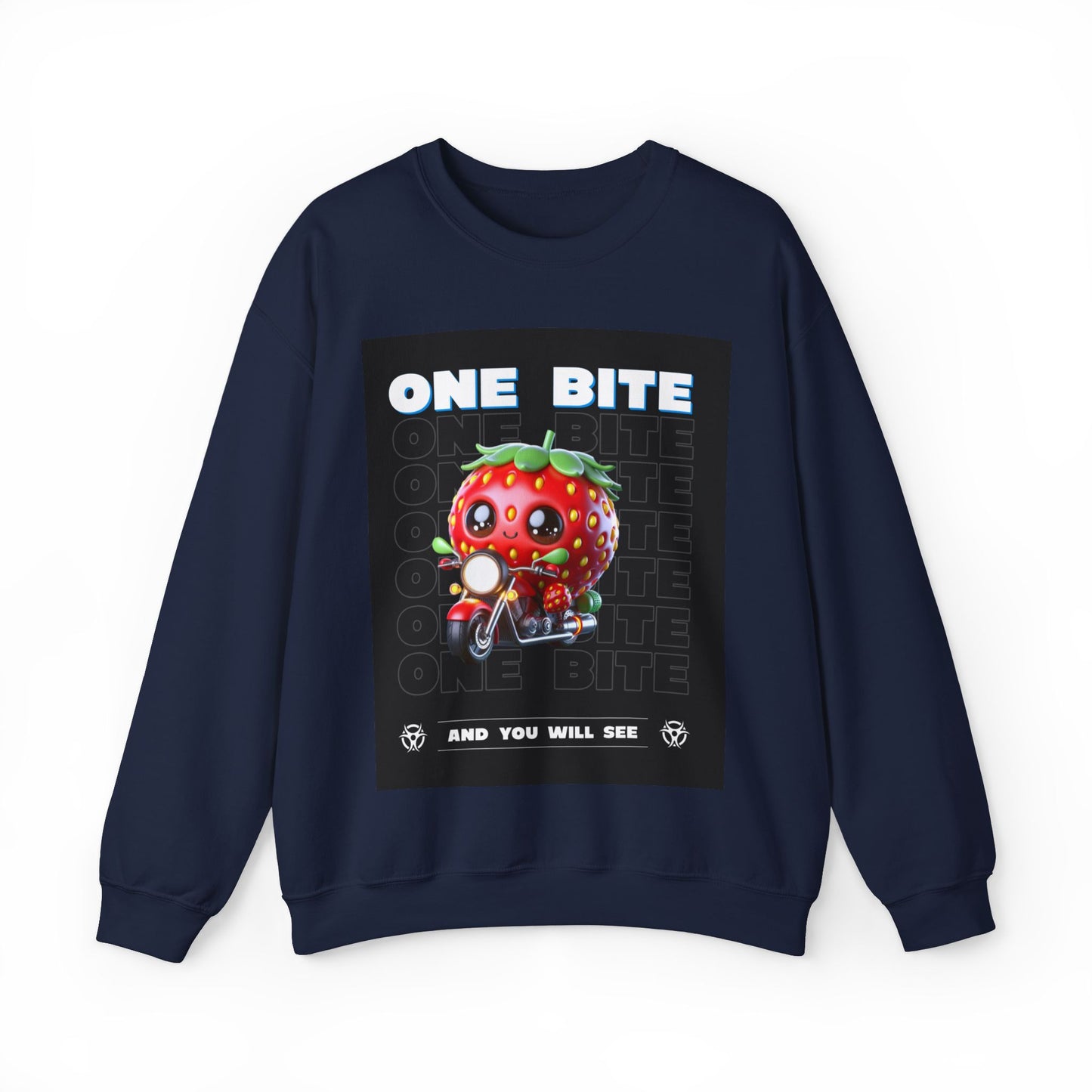 Cute Strawberry Graphic Crewneck Sweatshirt - "One Bite"