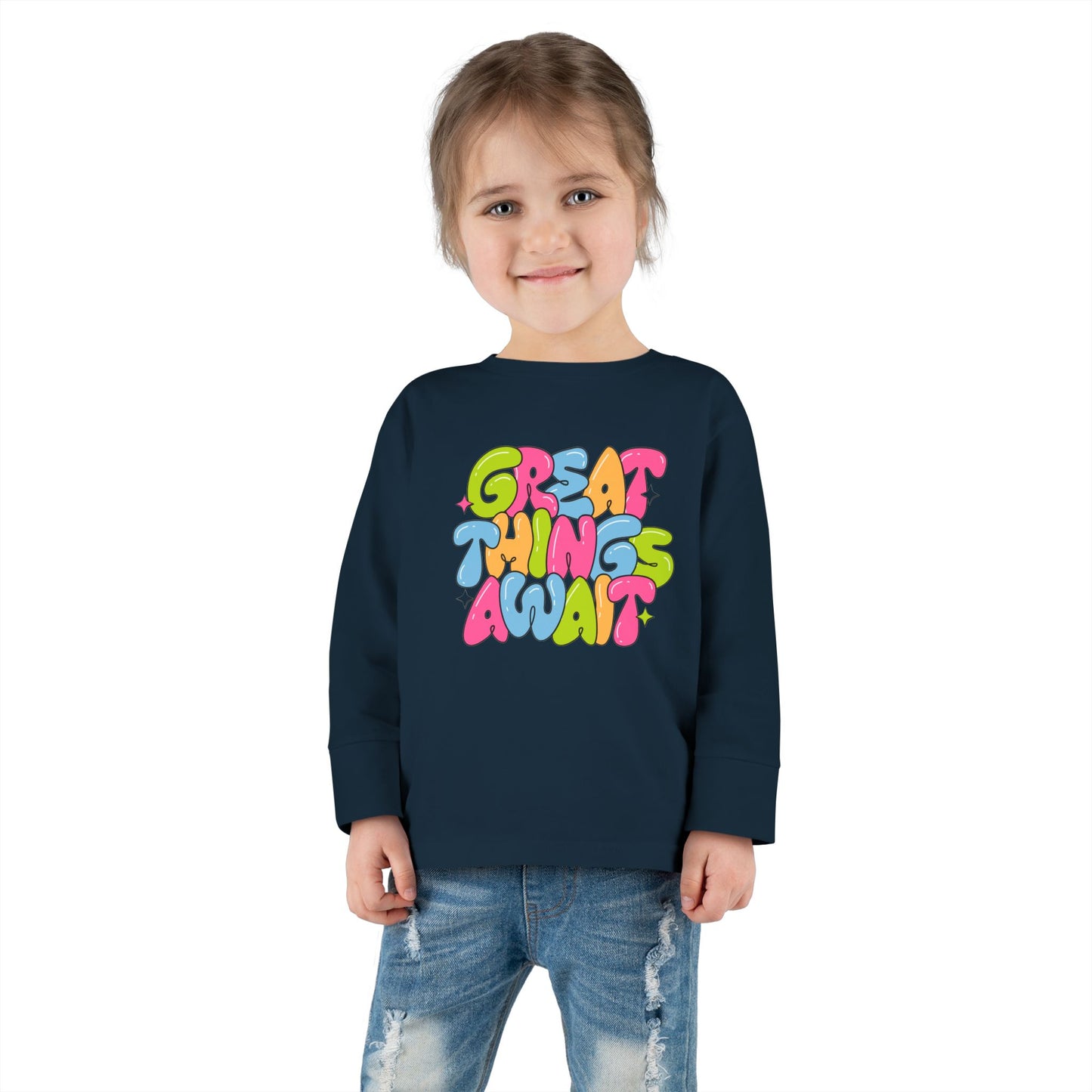 Toddler Long Sleeve Tee - 'Great Things Await' - Colorful Playful Shirt for Kids