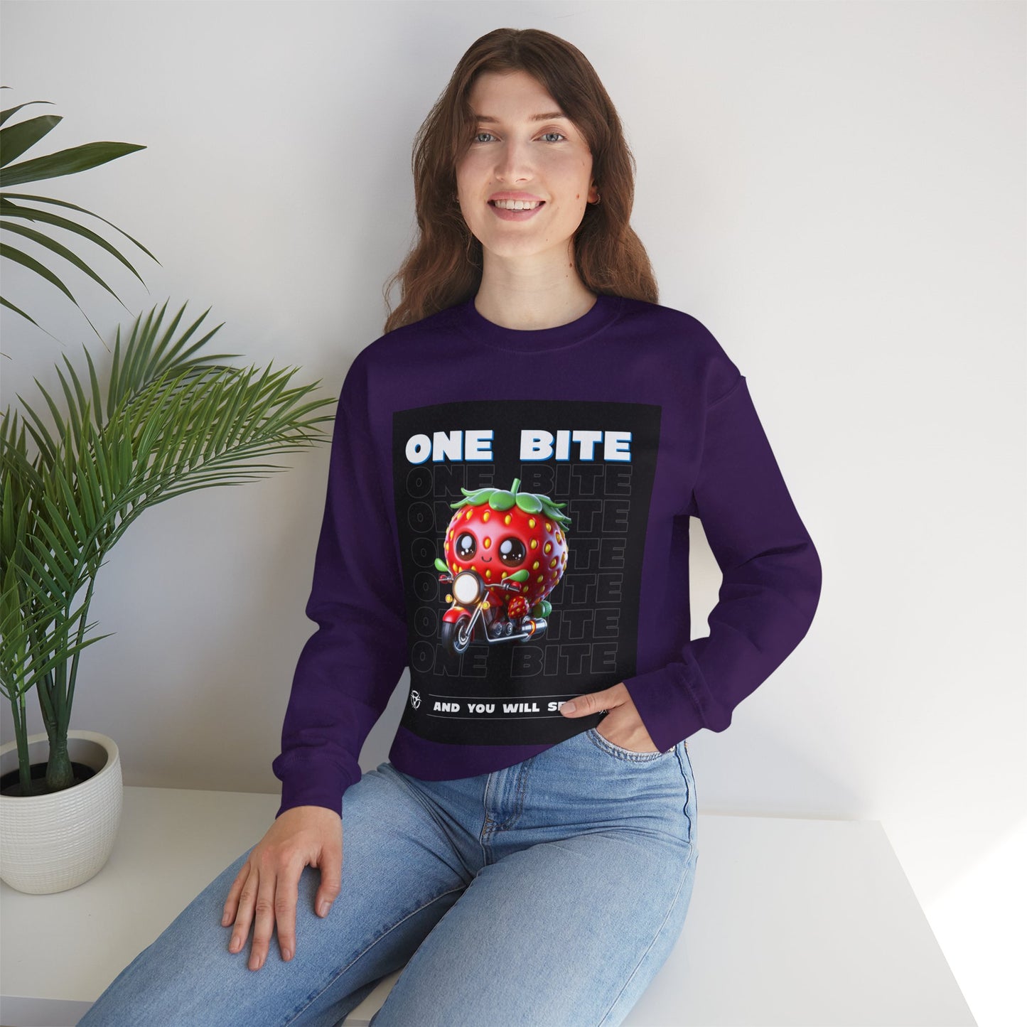 Cute Strawberry Graphic Crewneck Sweatshirt - "One Bite"