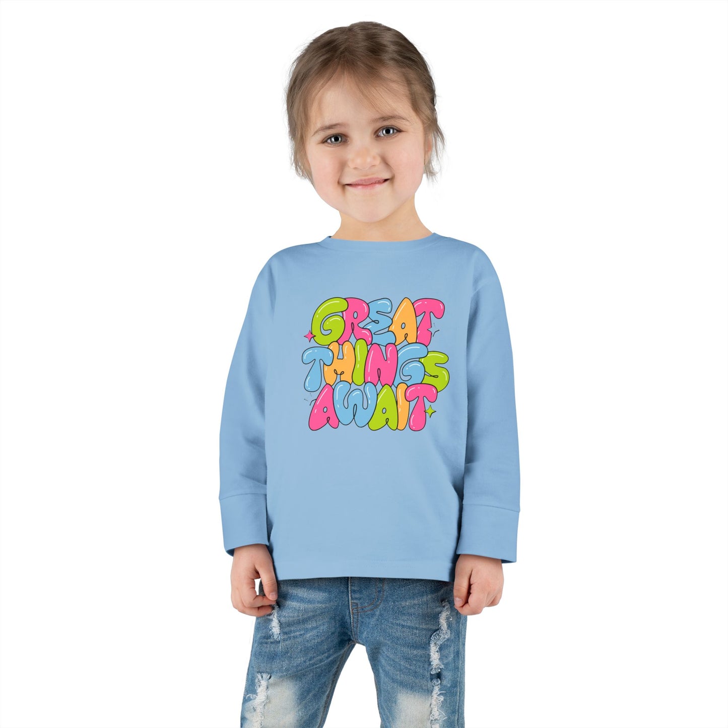 Toddler Long Sleeve Tee - 'Great Things Await' - Colorful Playful Shirt for Kids