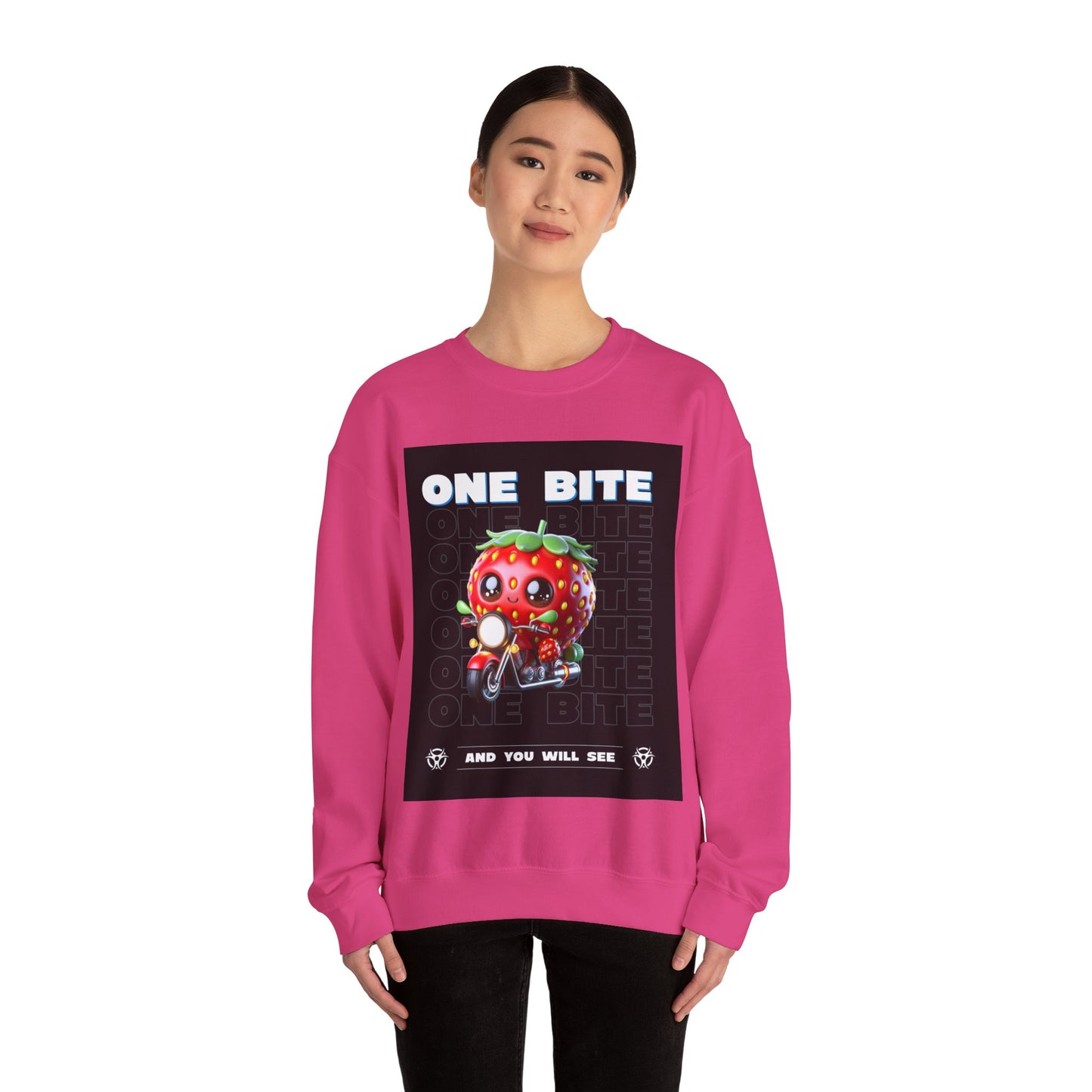 Cute Strawberry Graphic Crewneck Sweatshirt - "One Bite"