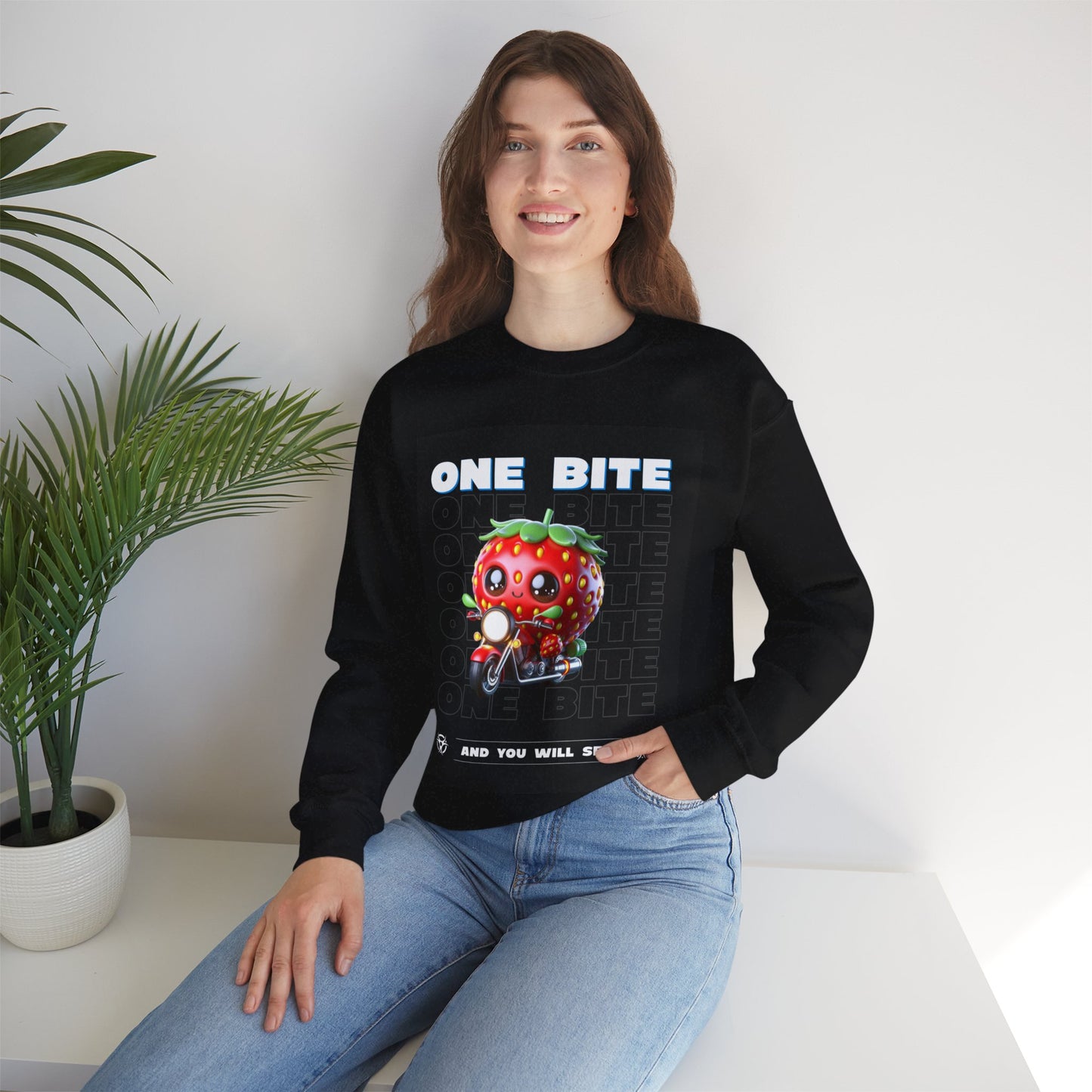 Cute Strawberry Graphic Crewneck Sweatshirt - "One Bite"