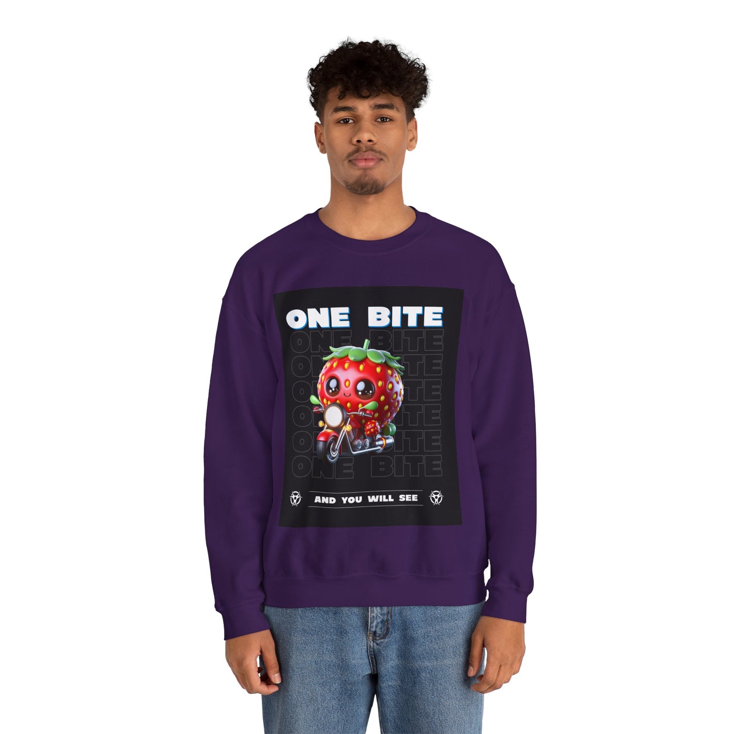 Cute Strawberry Graphic Crewneck Sweatshirt - "One Bite"