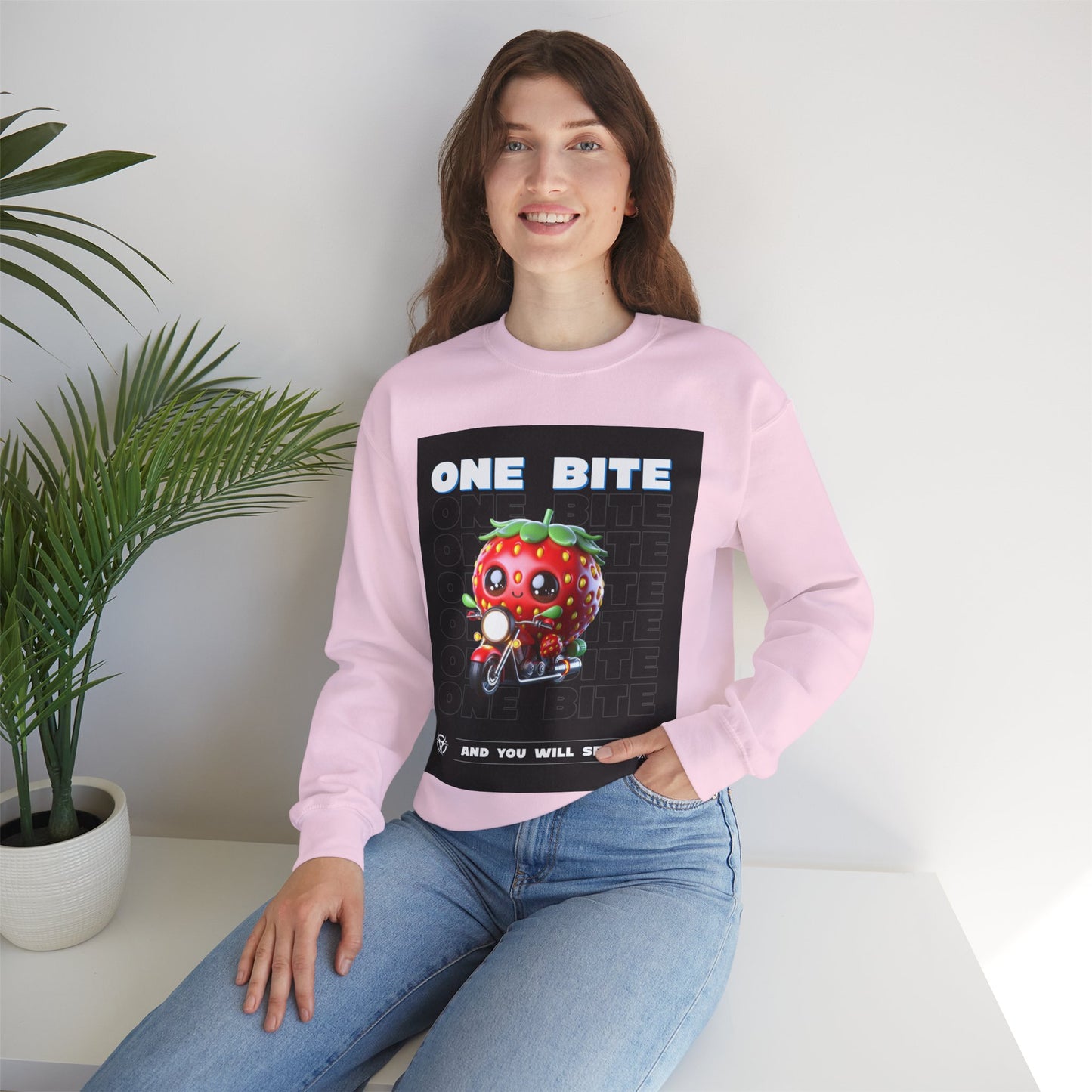 Cute Strawberry Graphic Crewneck Sweatshirt - "One Bite"
