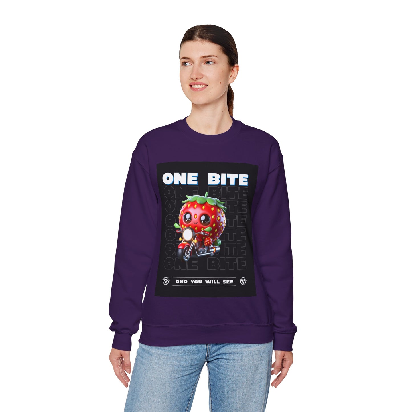 Cute Strawberry Graphic Crewneck Sweatshirt - "One Bite"