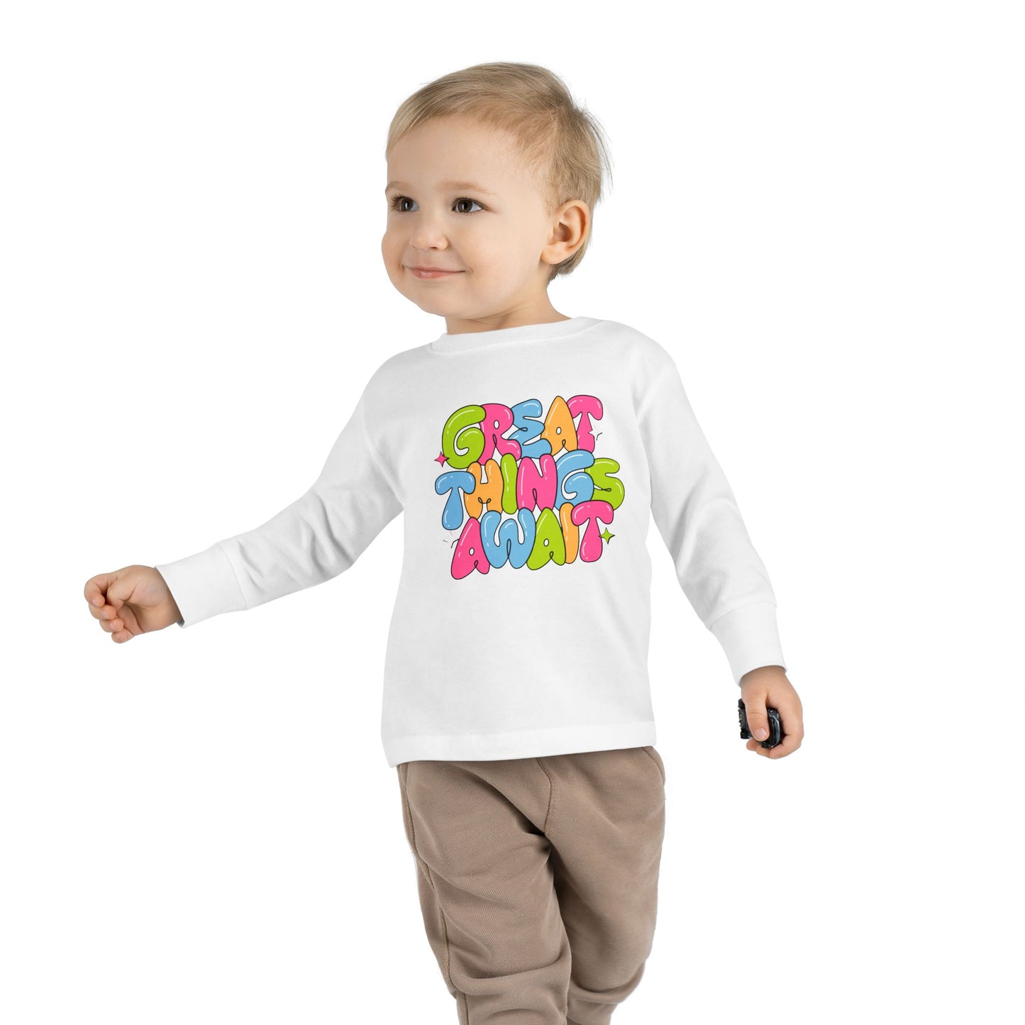 Toddler Long Sleeve Tee - 'Great Things Await' - Colorful Playful Shirt for Kids