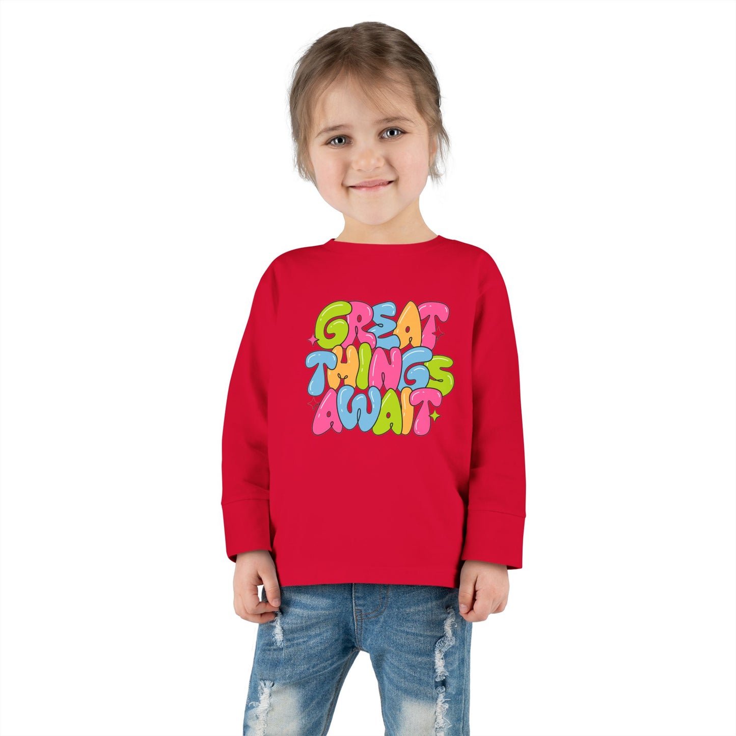 Toddler Long Sleeve Tee - 'Great Things Await' - Colorful Playful Shirt for Kids