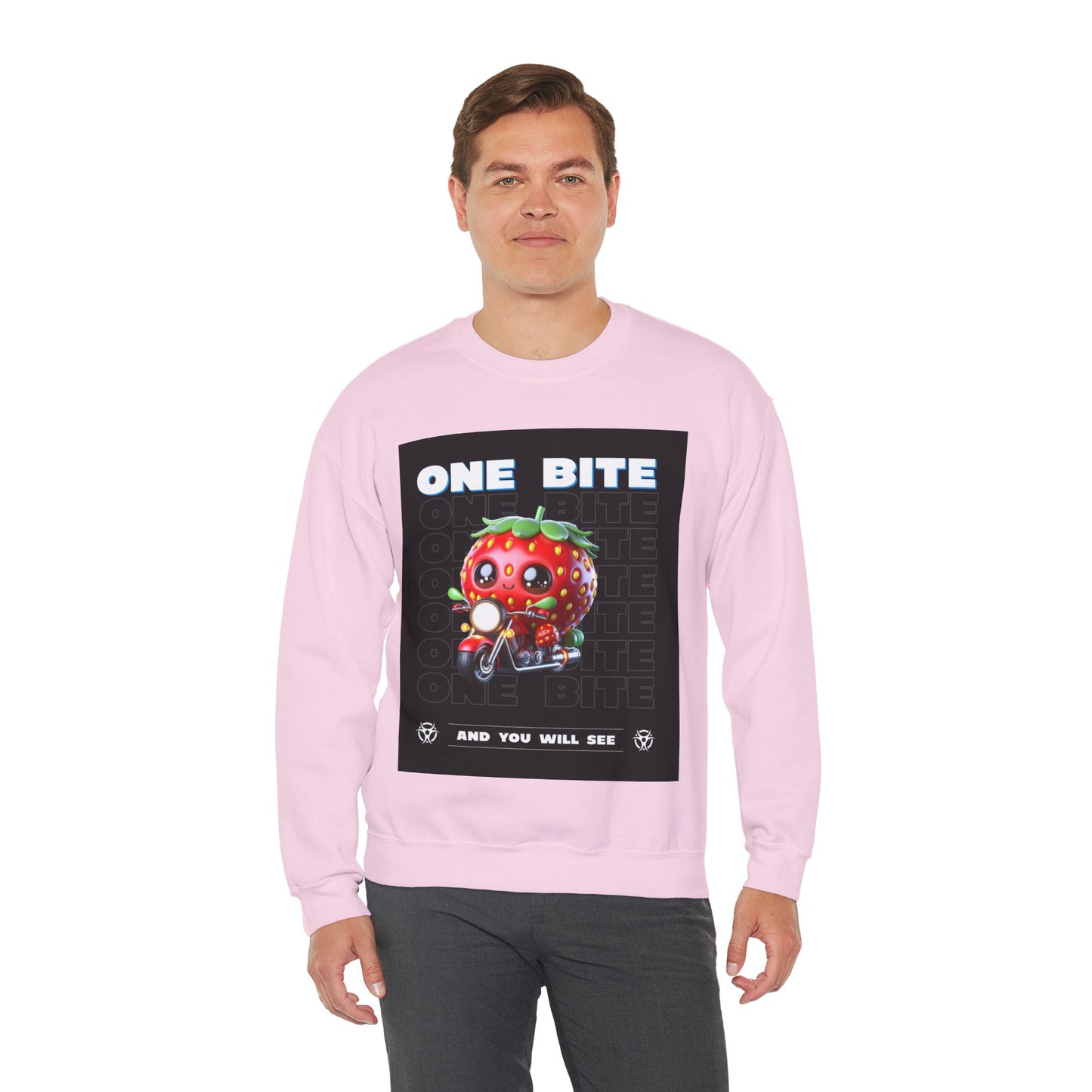 Cute Strawberry Graphic Crewneck Sweatshirt - "One Bite"