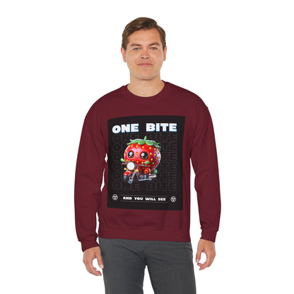 Cute Strawberry Graphic Crewneck Sweatshirt - "One Bite"