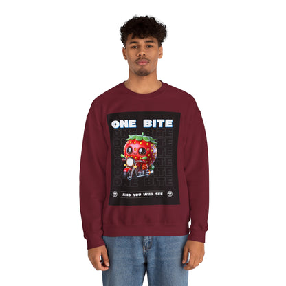 Cute Strawberry Graphic Crewneck Sweatshirt - "One Bite"