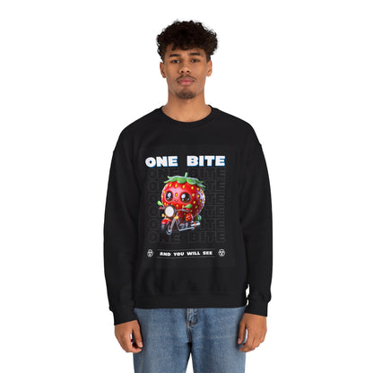 Cute Strawberry Graphic Crewneck Sweatshirt - "One Bite"