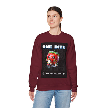 Cute Strawberry Graphic Crewneck Sweatshirt - "One Bite"
