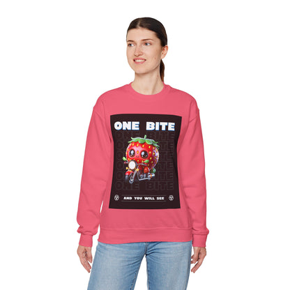 Cute Strawberry Graphic Crewneck Sweatshirt - "One Bite"