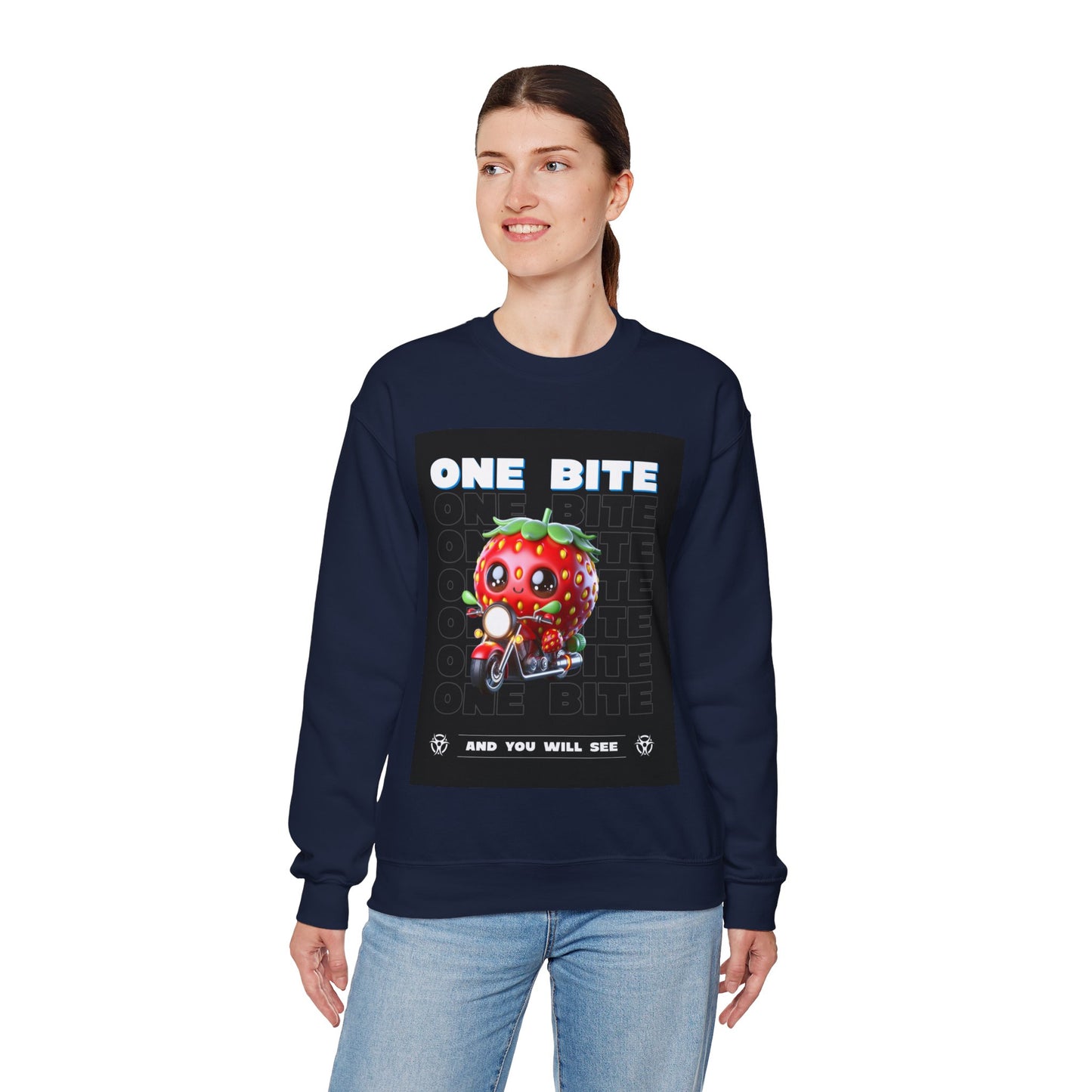 Cute Strawberry Graphic Crewneck Sweatshirt - "One Bite"