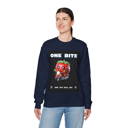 Cute Strawberry Graphic Crewneck Sweatshirt - "One Bite"