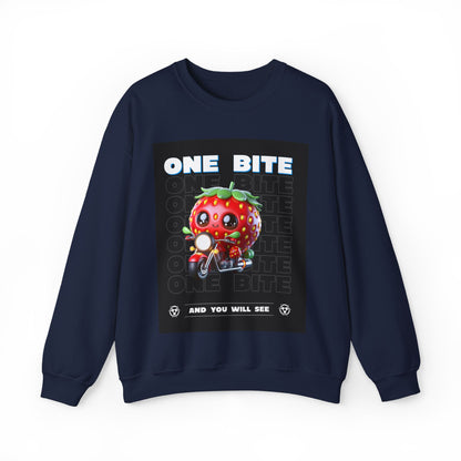 Cute Strawberry Graphic Crewneck Sweatshirt - "One Bite"