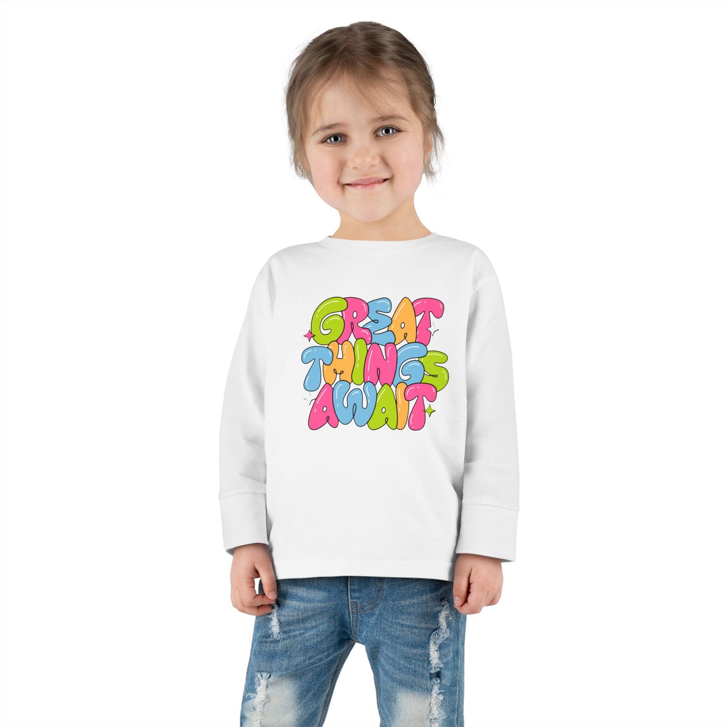 Toddler Long Sleeve Tee - 'Great Things Await' - Colorful Playful Shirt for Kids