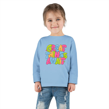 Toddler Long Sleeve Tee - 'Great Things Await' - Colorful Playful Shirt for Kids