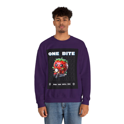 Cute Strawberry Graphic Crewneck Sweatshirt - "One Bite"